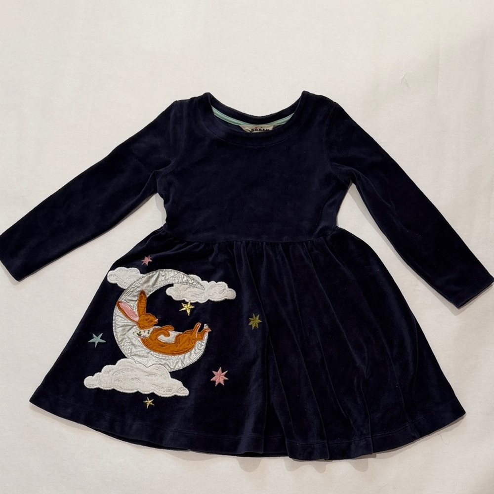 Mini Boden Navy Velvet Dress with Moon, Bunny & Star Embroidery